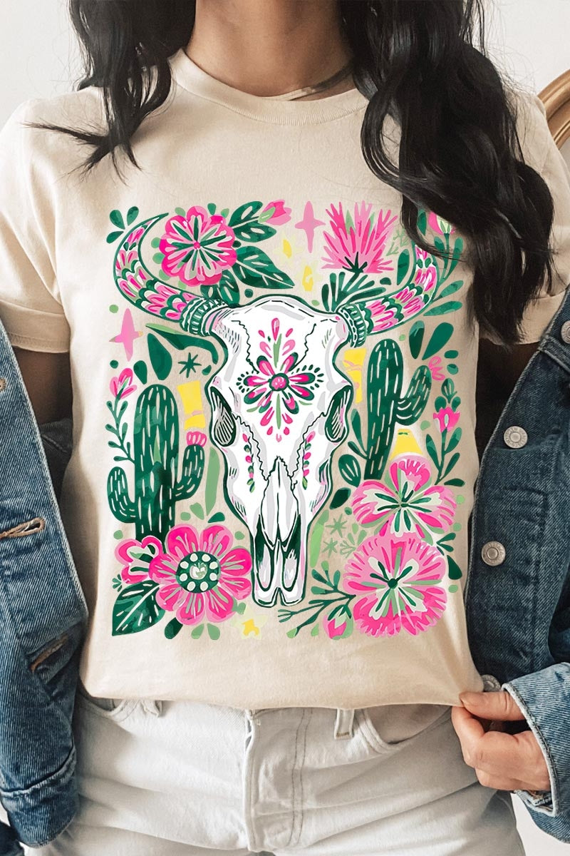 US3001P-E3086 Western Floral Cow Skull Graphic Plus Tee $16