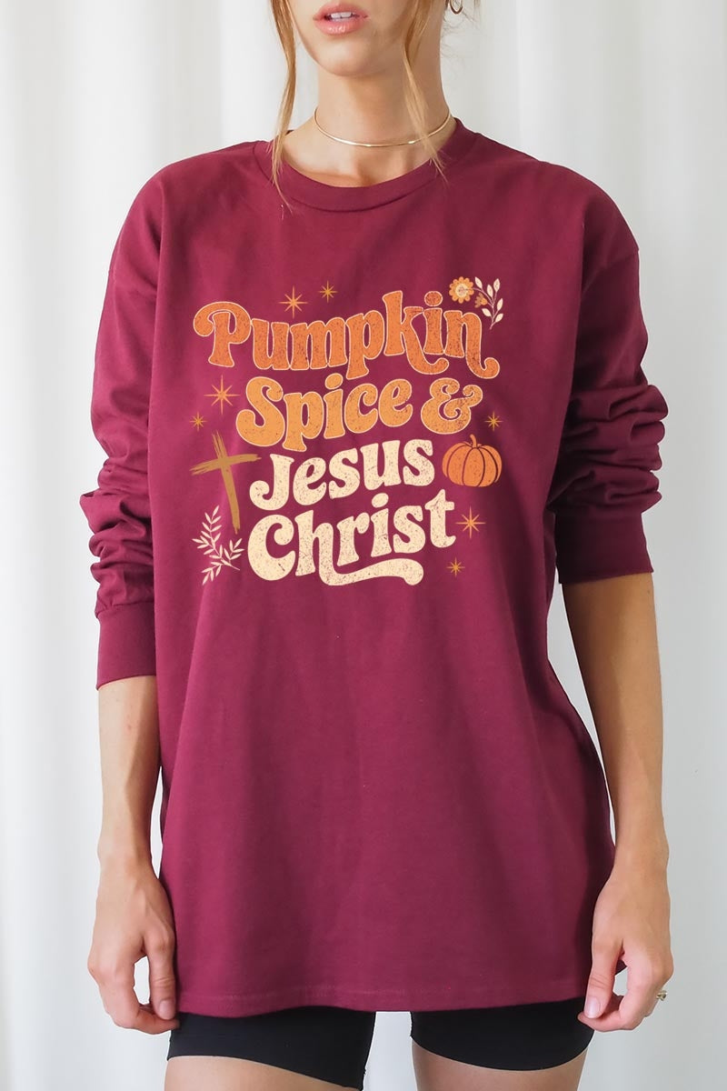 UL240P-E3164 Pumpkin Spice & Jesus Graphic Plus Long Sleeve Tee $17