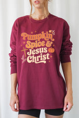 UL240P-E3164 Pumpkin Spice & Jesus Graphic Plus Long Sleeve Tee $17