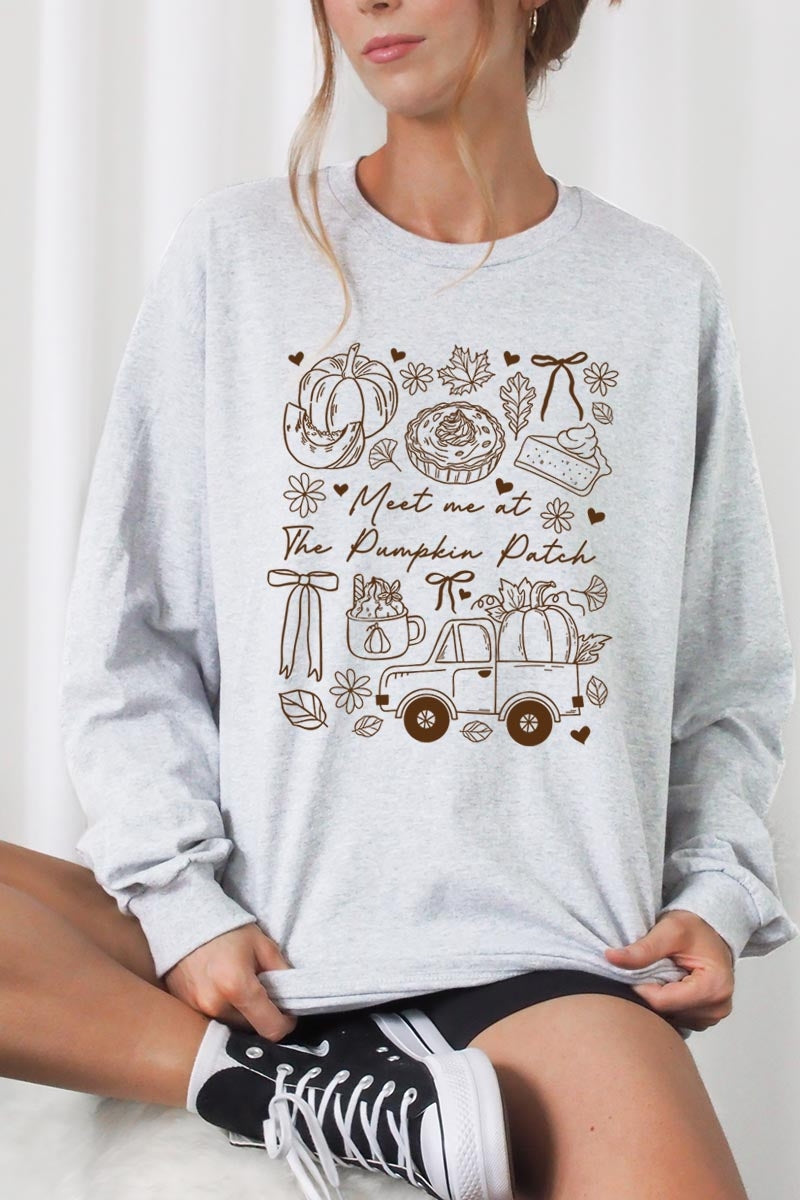 UL240P-E3163 Pumpkin Patch Doodle Graphic Plus Long Sleeve Tee $17