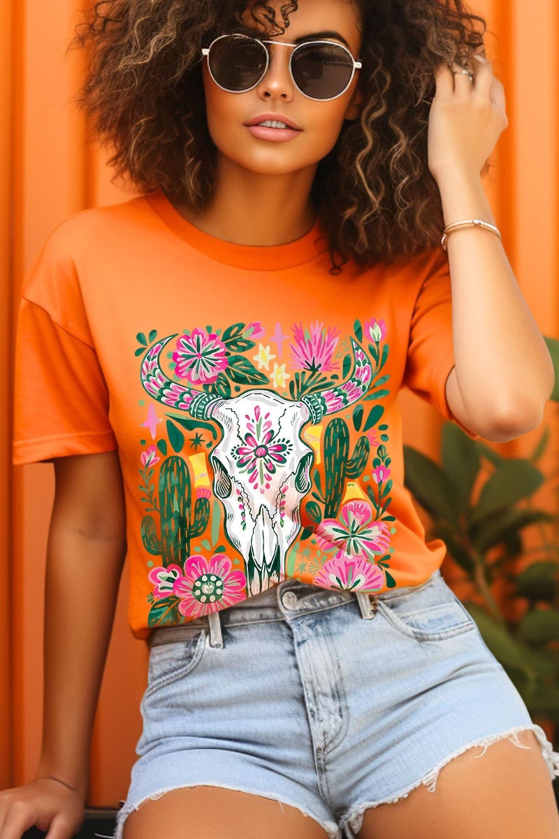 US3001-E3086 Western Floral Cow Skull Graphic Tee $12.5