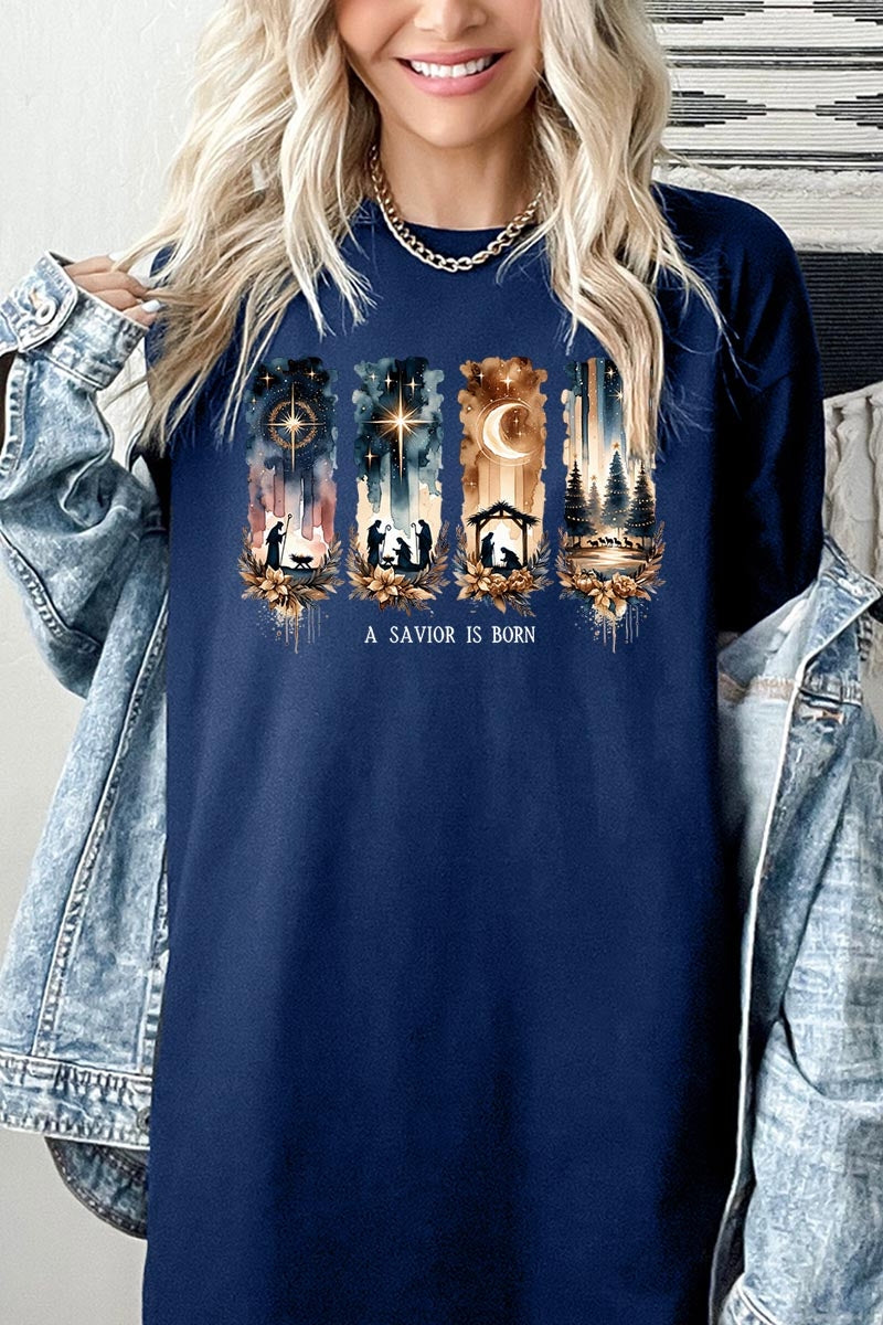 5000-E3204 Savior Is Born Nativity Graphic Heavy Cotton Tee $9