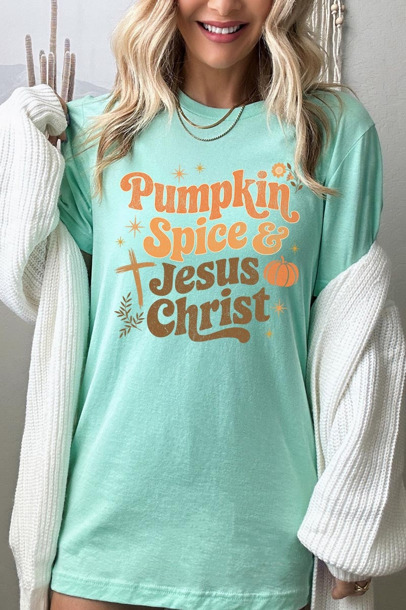 US3001P-E3164 Pumpkin Spice & Jesus Graphic Plus Tee $16