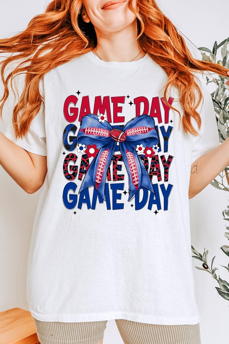 5000-E3087 Red Blue Football Game Day Bow Heavy Cotton Tee $9