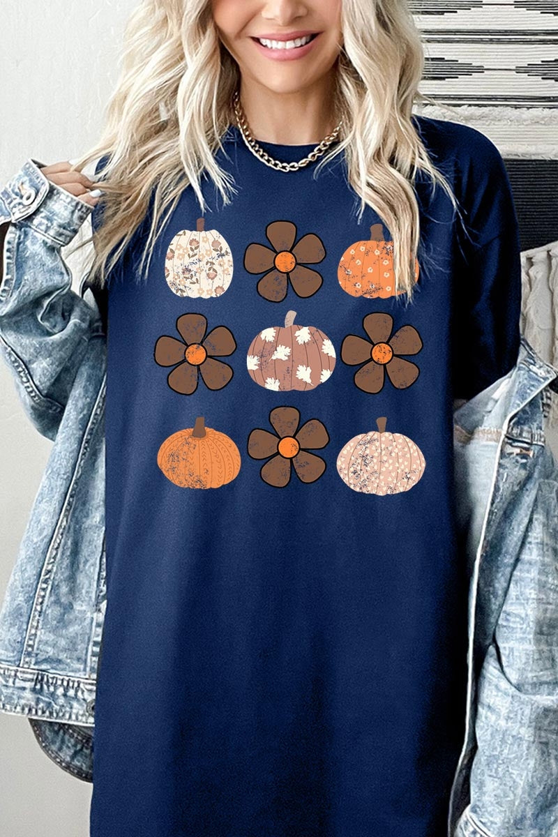 5000-E3117 Pumpkins & Flowers Fall Graphic Heavy Cotton Tee $9