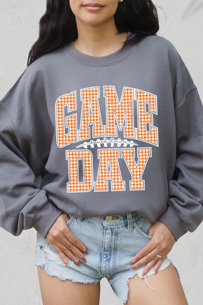 UL180P-E3129 Orange Gingham Game Day Graphic Plus Sweatshirt $25