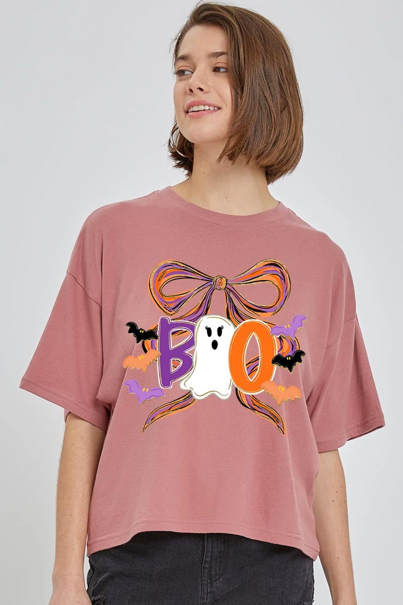 CTS-E3120 Boo Brushstroke Bow Graphic Relaxed Crop Top $11