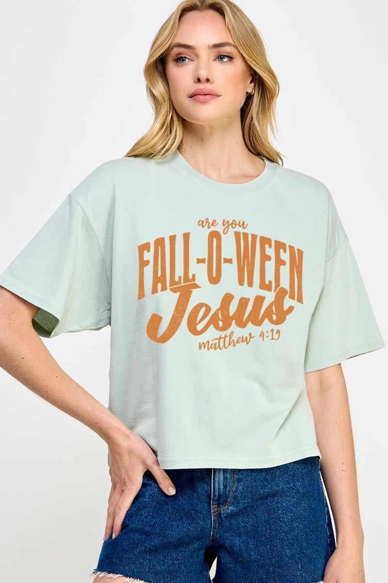 CTS-E3143 Are You Fall O Ween Jesus Graphic Relaxed Crop Top $11
