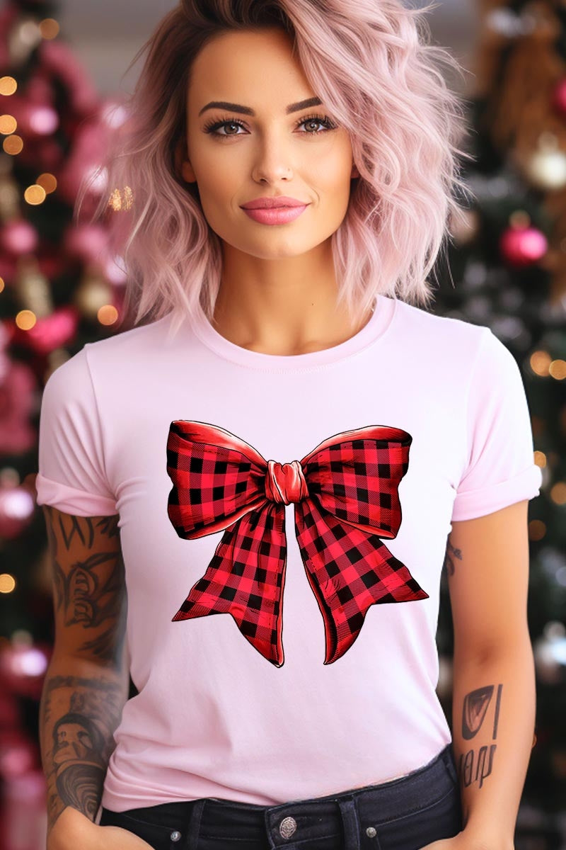 US3001P-E3198 Red Buffalo Plaid Bow Graphic Plus Tee $16