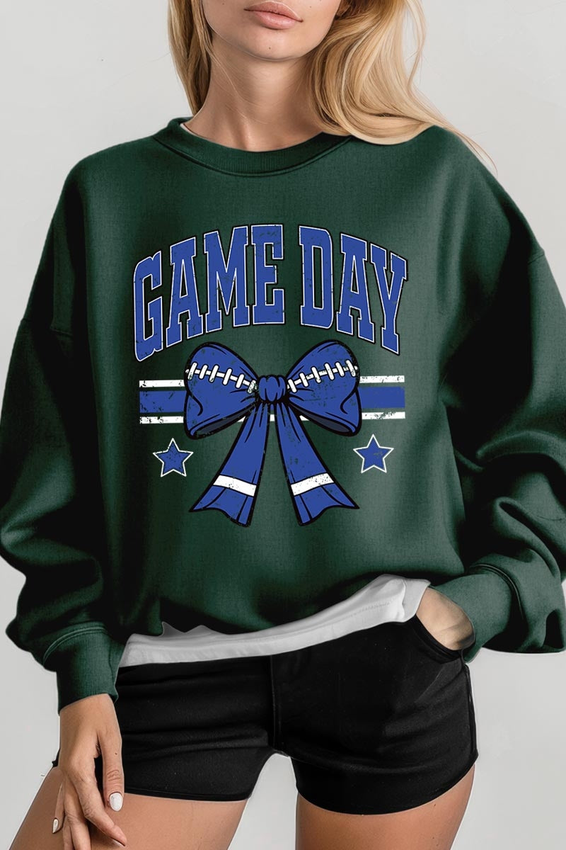 UL180P-E3065 Blue Game Day Football Bow Graphic Plus Sweatshirt $25