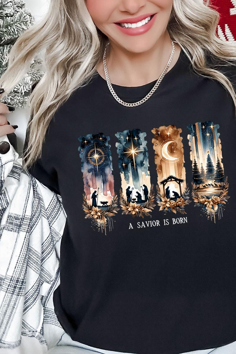 US3001P-E3204 Savior Is Born Nativity Graphic Plus Tee $16