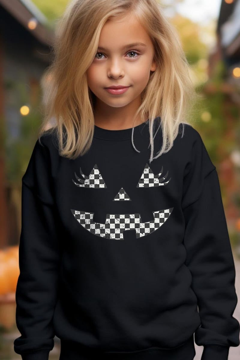 UL180B-E3149Z Checker Pumpkin Face Kids Graphic Sweatshirt $20