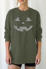 UL240-E3149 Checker Pumpkin Face Graphic Long Sleeve Tee $13.75
