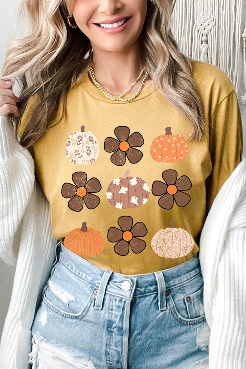 US3001-E3117 Pumpkins & Flowers Fall Graphic Tee $12.5