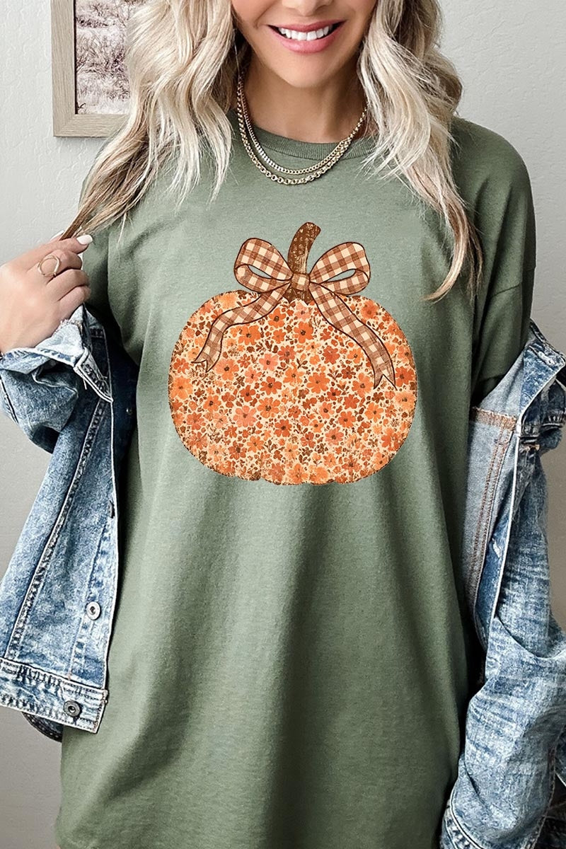 5000-E3135 Floral Fall Pumpkin Graphic Heavy Cotton Tee $9