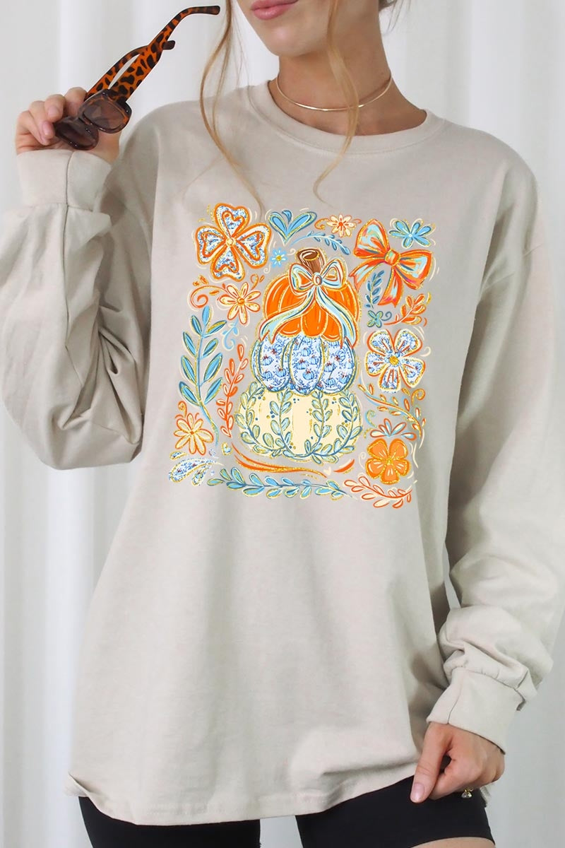 UL240-E3153 Floral Pumpkin Stack Graphic Long Sleeve Tee $13.75