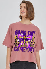 CTS-E3092 Purple Football Game Day Bow Relaxed Crop Top $11