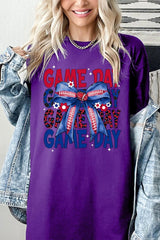 5000-E3087 Red Blue Football Game Day Bow Heavy Cotton Tee $9