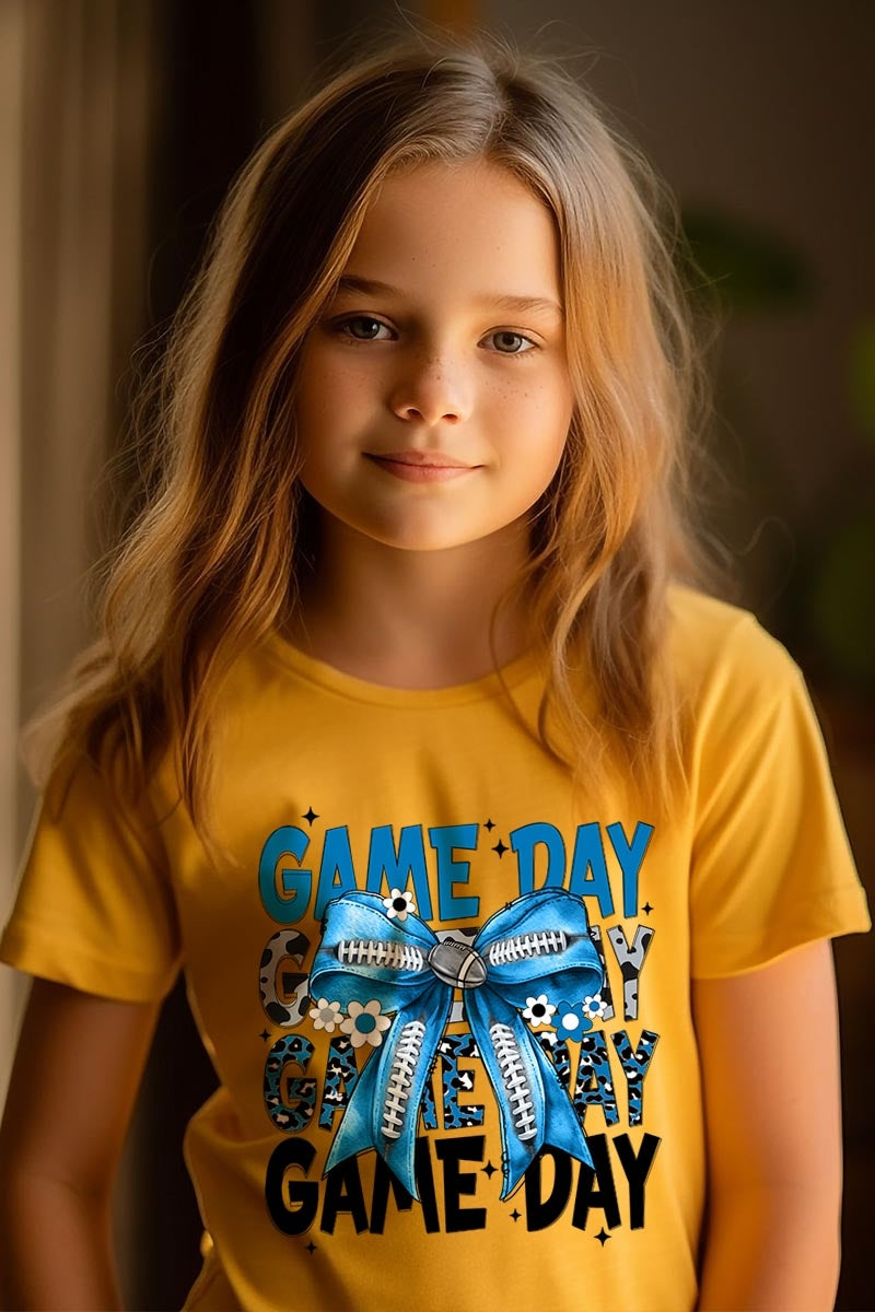US3001Y-E3089Z Blue Silver Football Game Day Bow Kids Graphic Tee $11
