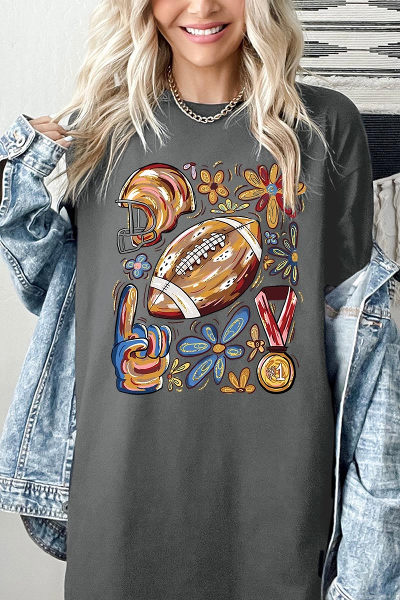 5000P-E3072 Retro Floral Football Graphic Plus Heavy Cotton Tee $12.75