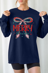 UL240-E3197 Merry Christmas Bow Graphic Long Sleeve Tee $13.75
