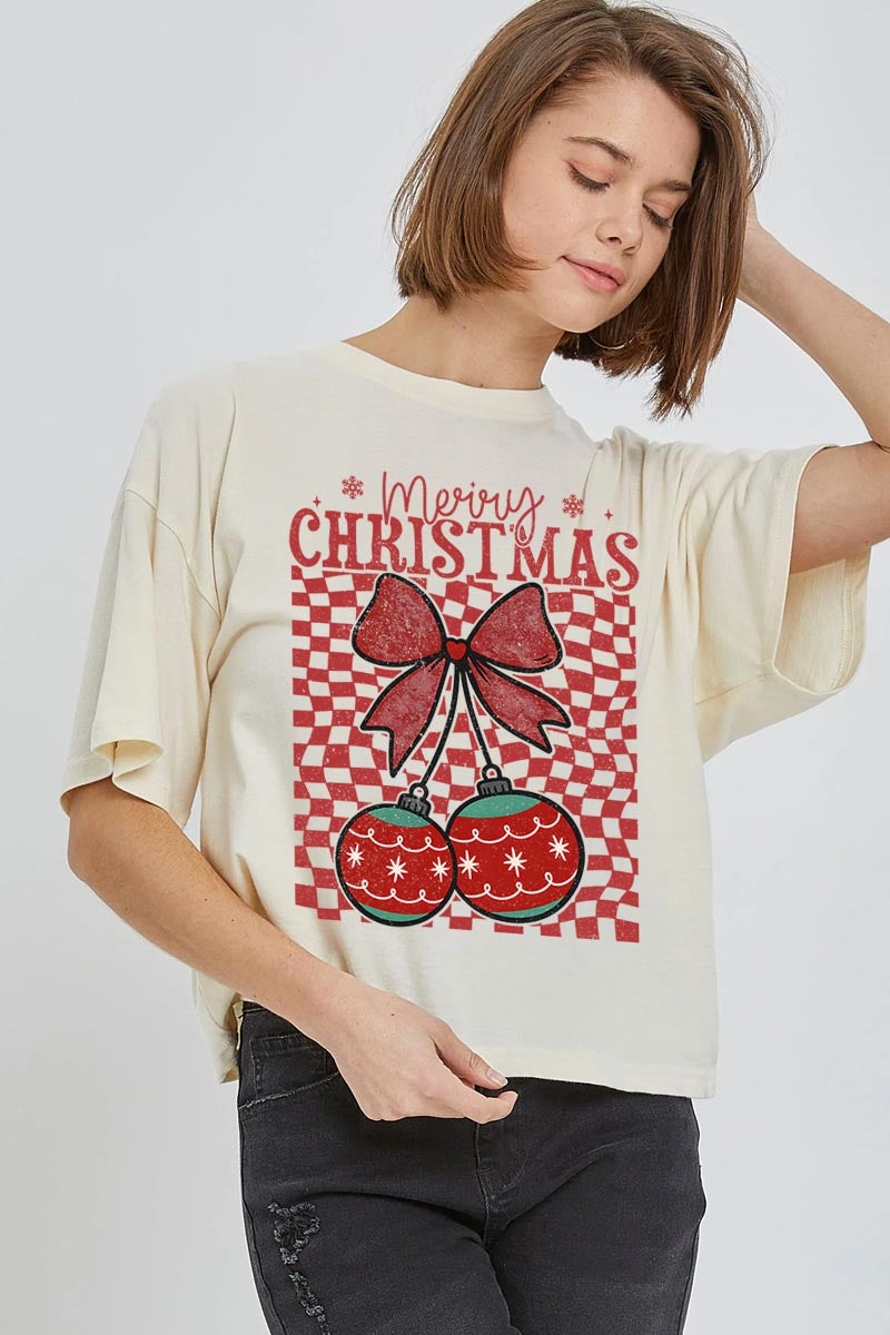 CTS-E3196 Cherry Ornament Christmas Graphic Relaxed Crop Top $11