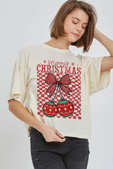 CTS-E3196 Cherry Ornament Christmas Graphic Relaxed Crop Top $11