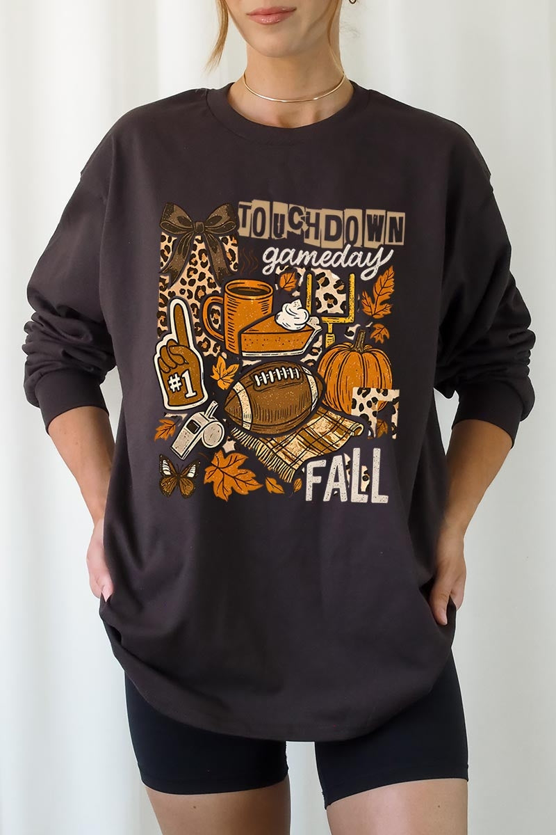 UL240-E3134 Fall Football Collage Graphic Long Sleeve Tee $13.75
