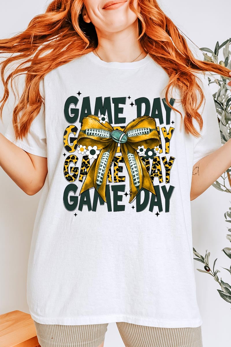 5000-E3090 Yellow Football Game Day Bow Heavy Cotton Tee $9