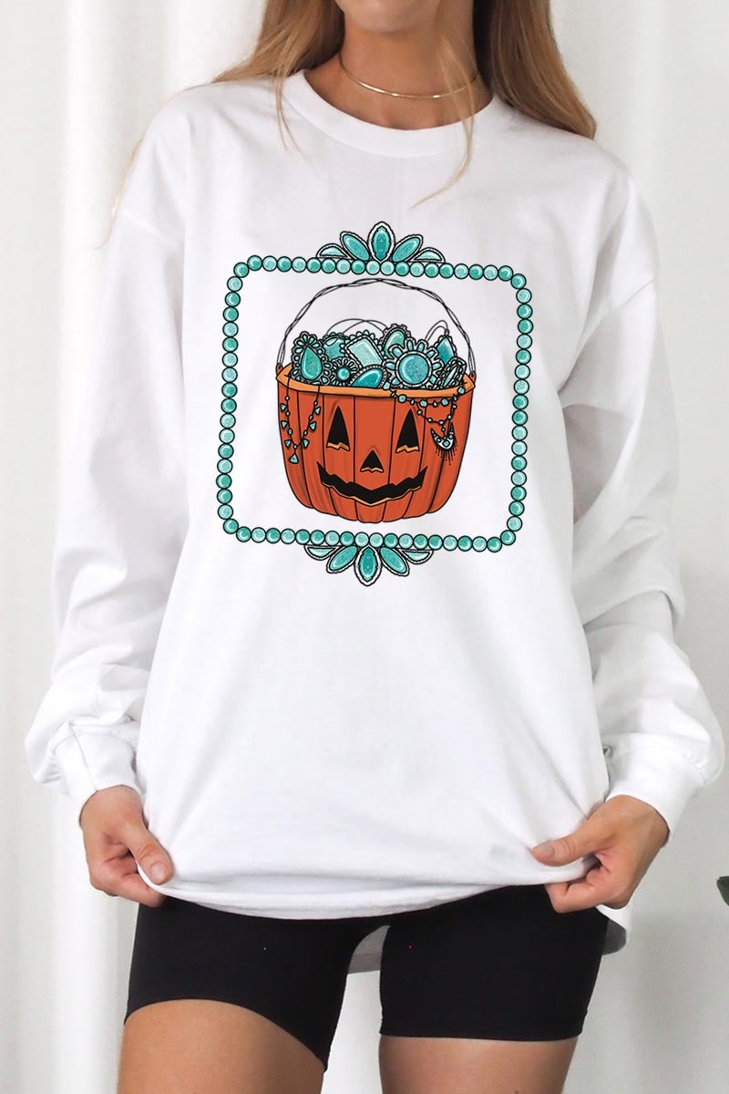 UL240-E3140 Halloween turquoise pumpkin Long Sleeve Tee $13.75