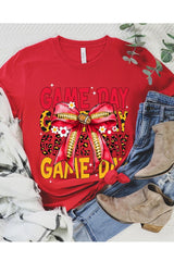 US3001P-E3091 Red Yellow Football Game Day Bow Graphic Plus Tee $16