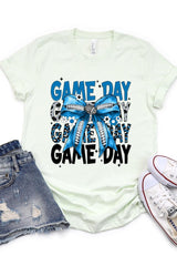 US3001-E3089 Blue Silver Football Game Day Bow Graphic Tee $12.5