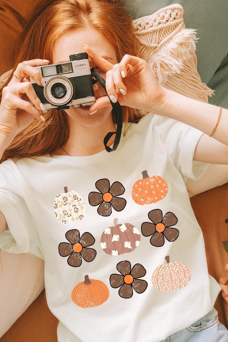 US3001P-E3117 Pumpkins & Flowers Fall Graphic Plus Tee $16