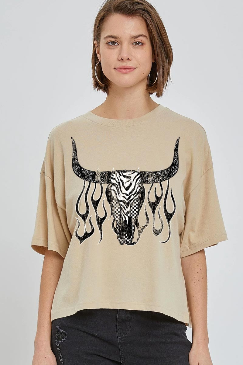 CTS-E3176 Western Bullskull Graphic Relaxed Crop Top $11