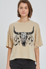 CTS-E3176 Western Bullskull Graphic Relaxed Crop Top $11