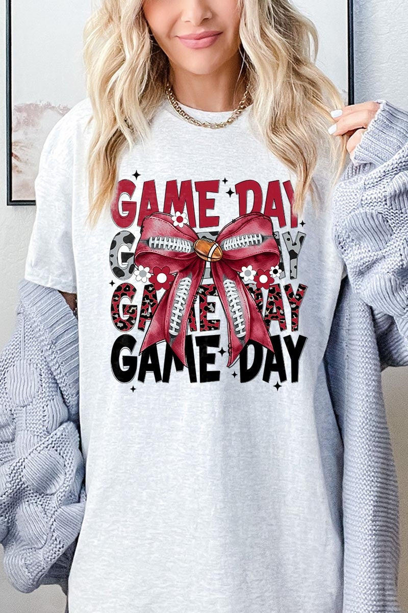 5000-E3093 Red Silver Football Game Day Bow Heavy Cotton Tee $9