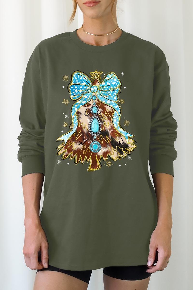 UL240-E3184 Turquoise Christmas Tree Graphic Long Sleeve Tee $13.75