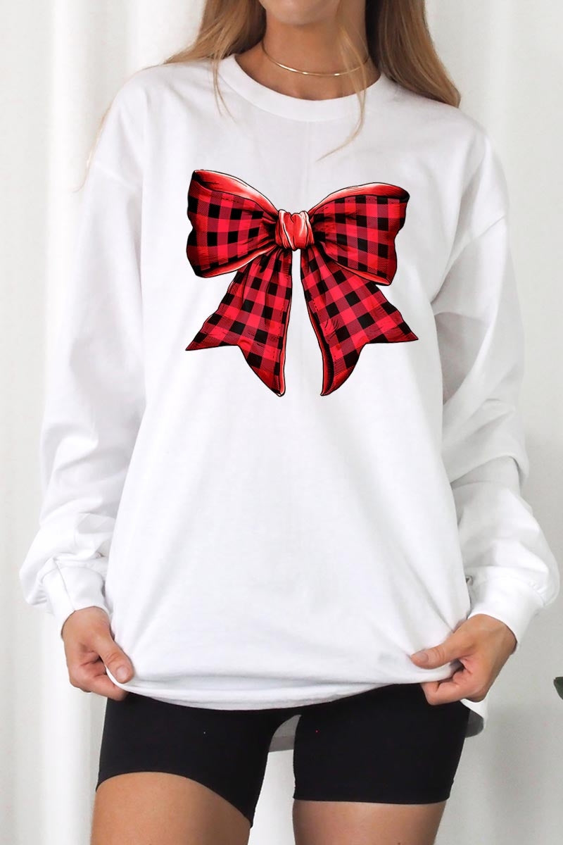 UL240P-E3198 Red Buffalo Plaid Bow Graphic Plus Long Sleeve Tee $17