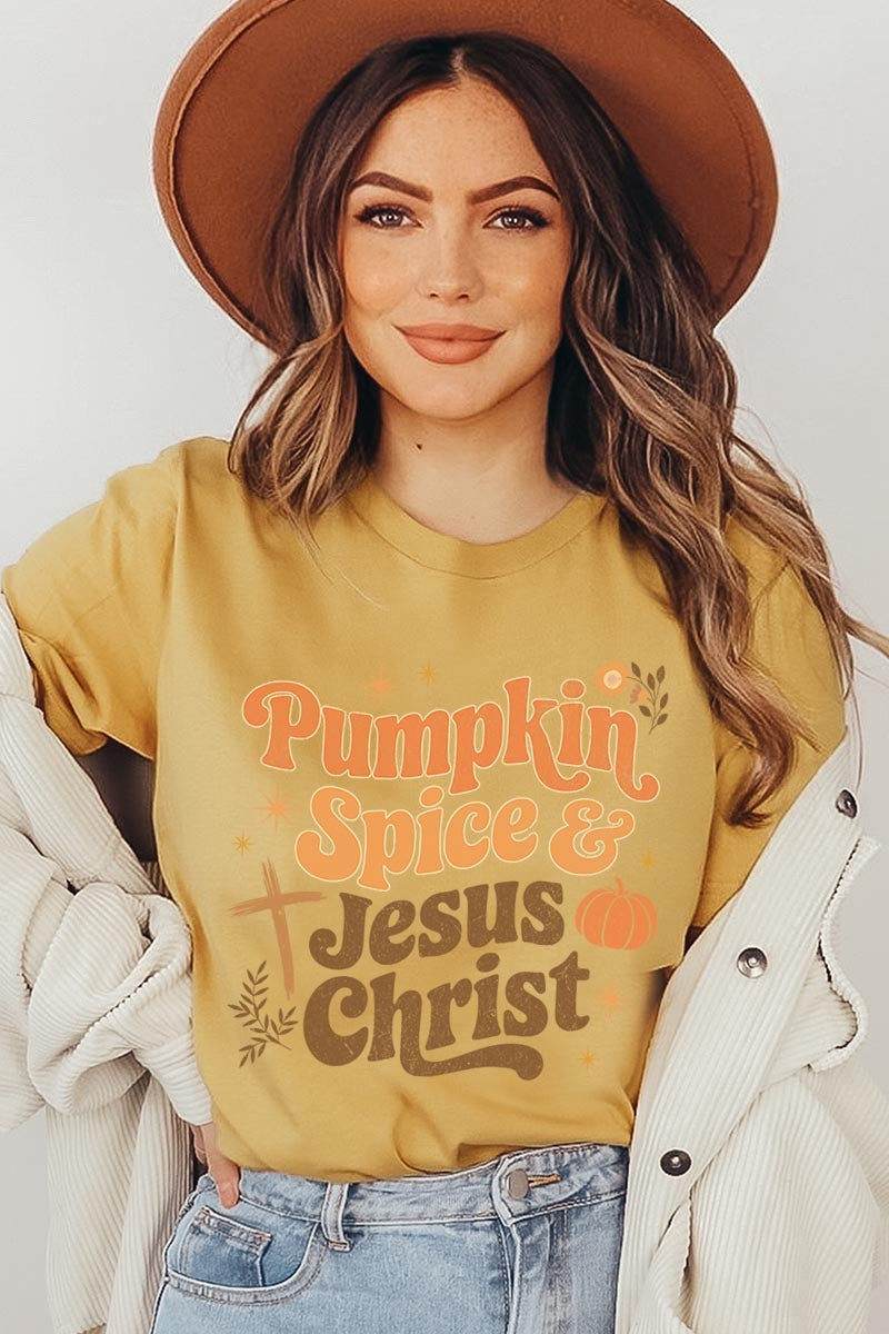 US3001P-E3164 Pumpkin Spice & Jesus Graphic Plus Tee $16