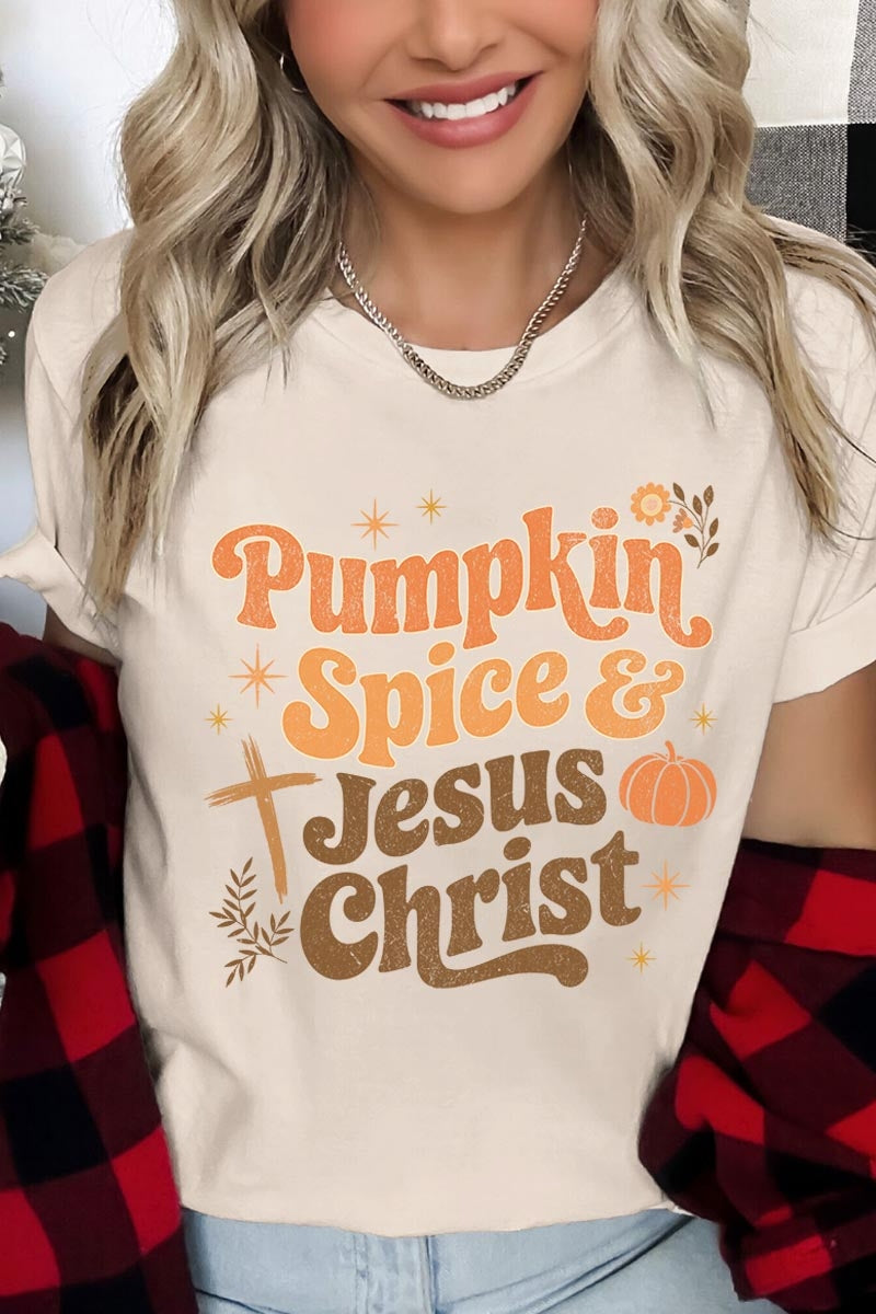US3001P-E3164 Pumpkin Spice & Jesus Graphic Plus Tee $16