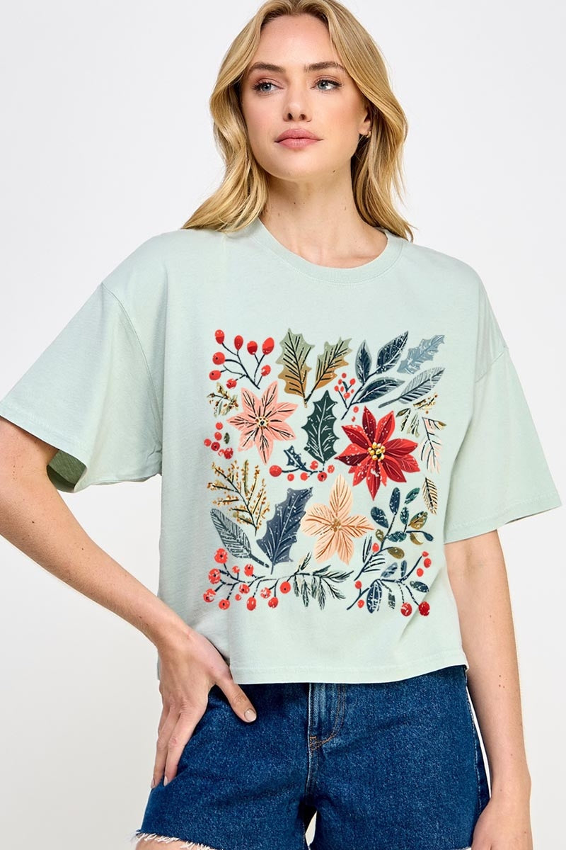 CTS-E3186 Floral Christmas Graphic Relaxed Crop Top $11