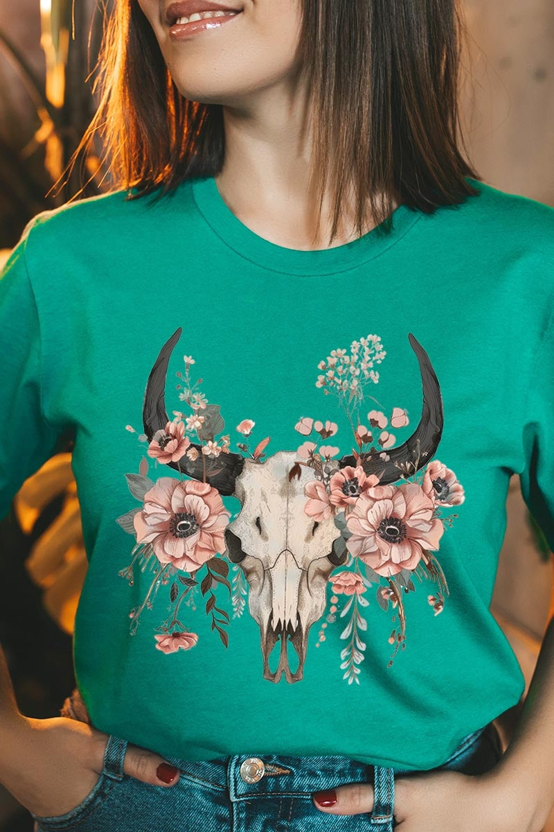 US3001-E3113 Western Skull Floral Graphic Tee $12.5