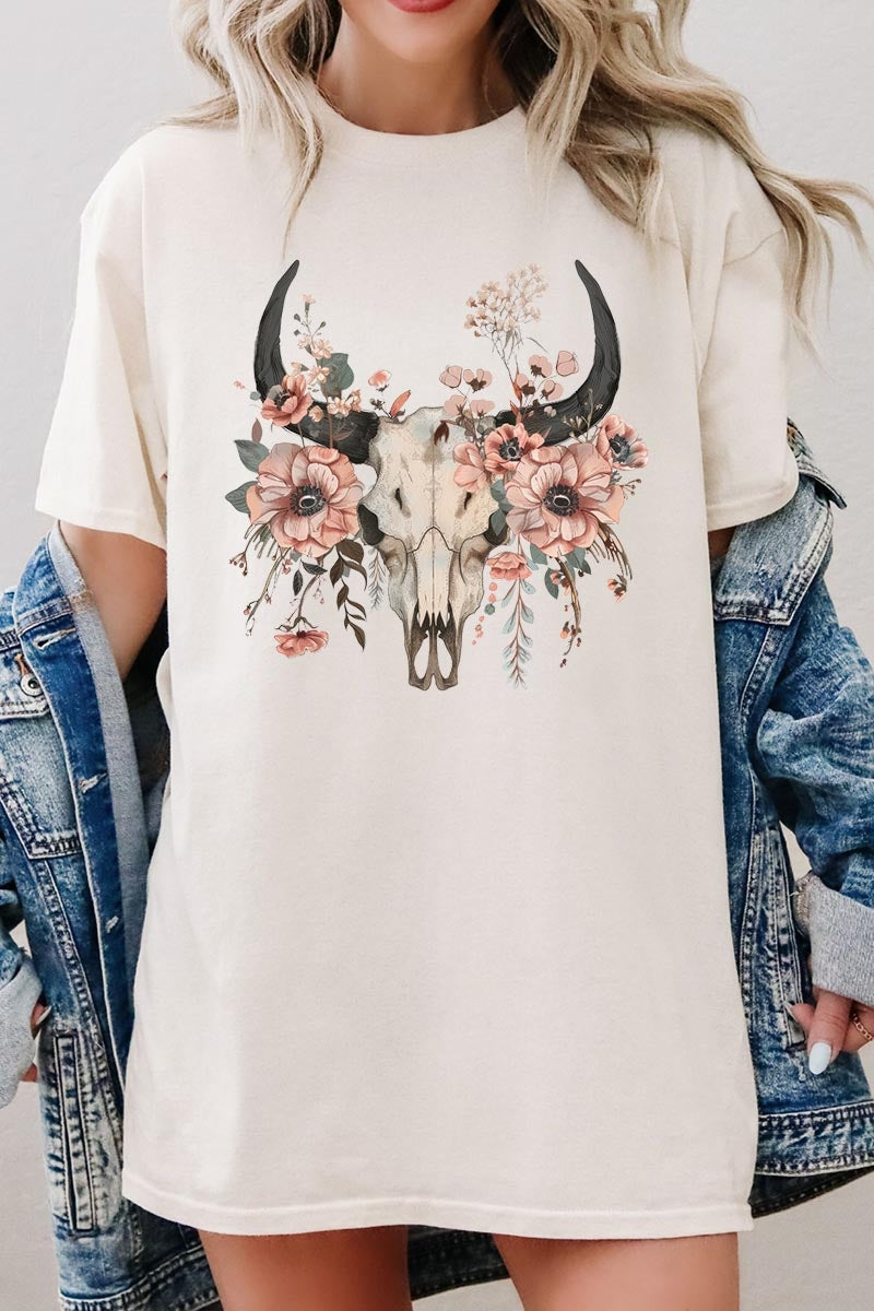 5000P-E3113 Western Skull Floral Graphic Plus Heavy Cotton Tee $12.75