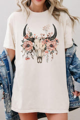 5000P-E3113 Western Skull Floral Graphic Plus Heavy Cotton Tee $12.75