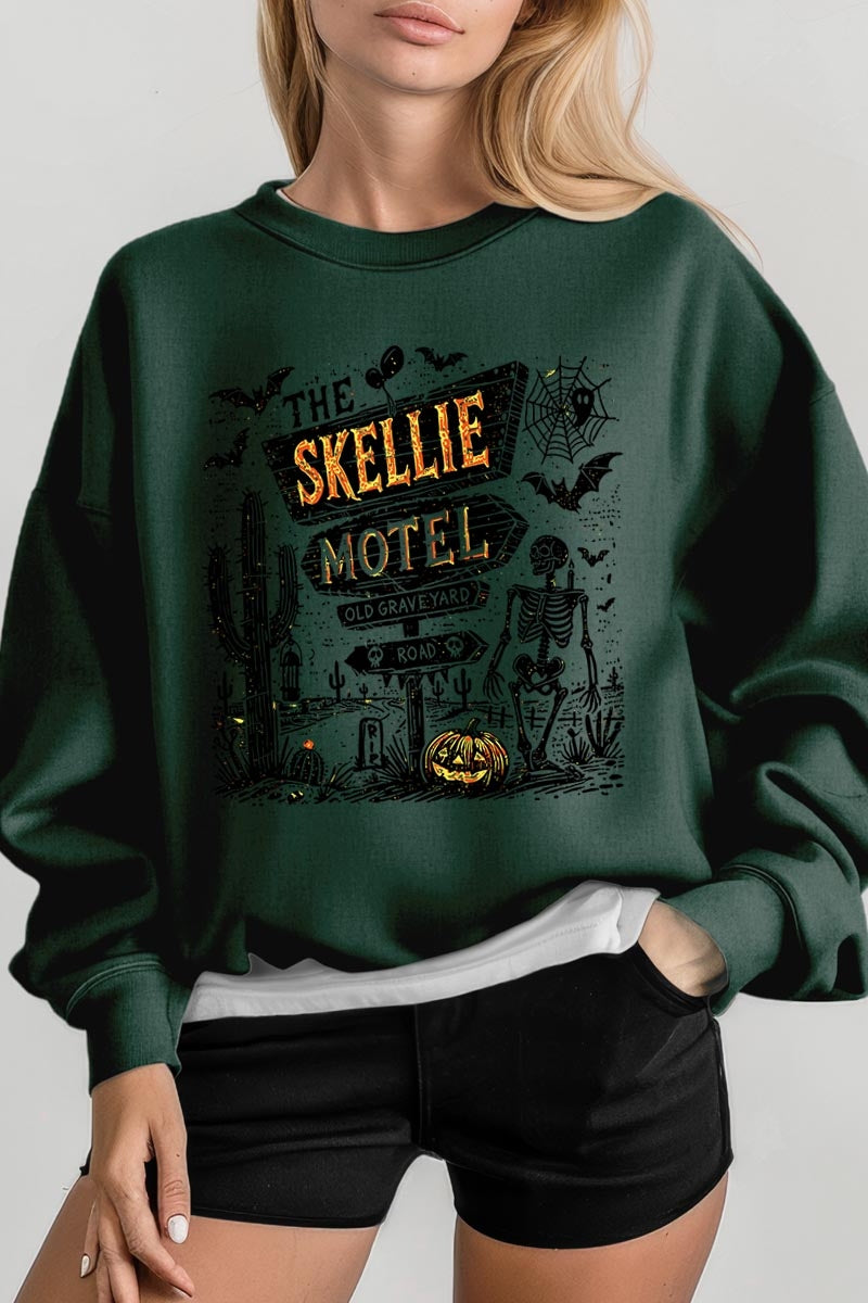 UL180P-E3108 Skellie Motel Halloween Graphic Plus Sweatshirt $25