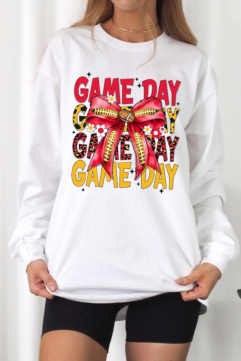 UL240-E3091 Red Yellow Football Game Day Bow Long Sleeve Tee $13.75
