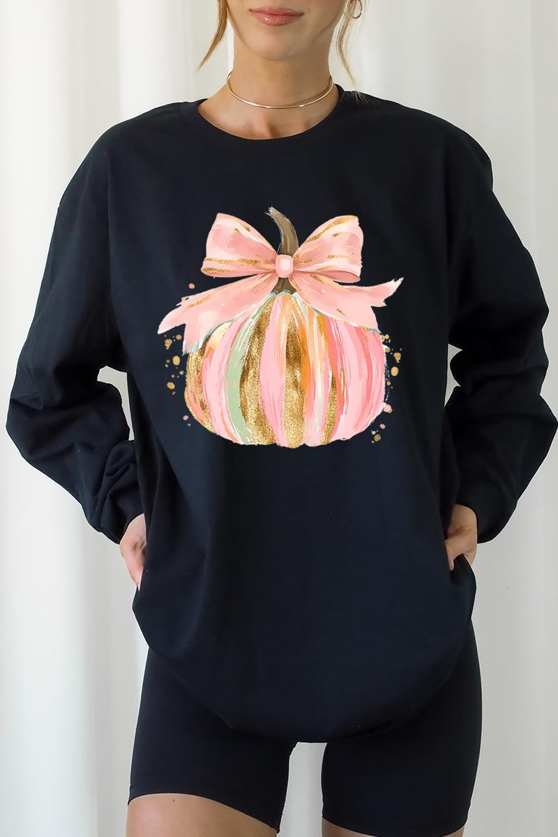 UL240-E3083 Brushstroke Pumpkin Graphic Long Sleeve Tee $13.75