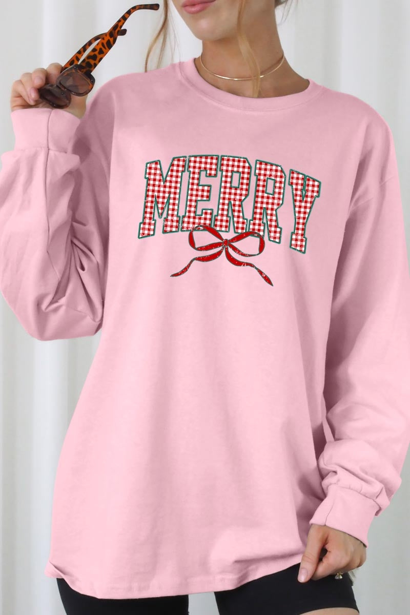 UL240P-E3206 Plaid Merry Christmas Bow Graphic Plus Long Sleeve Tee $17