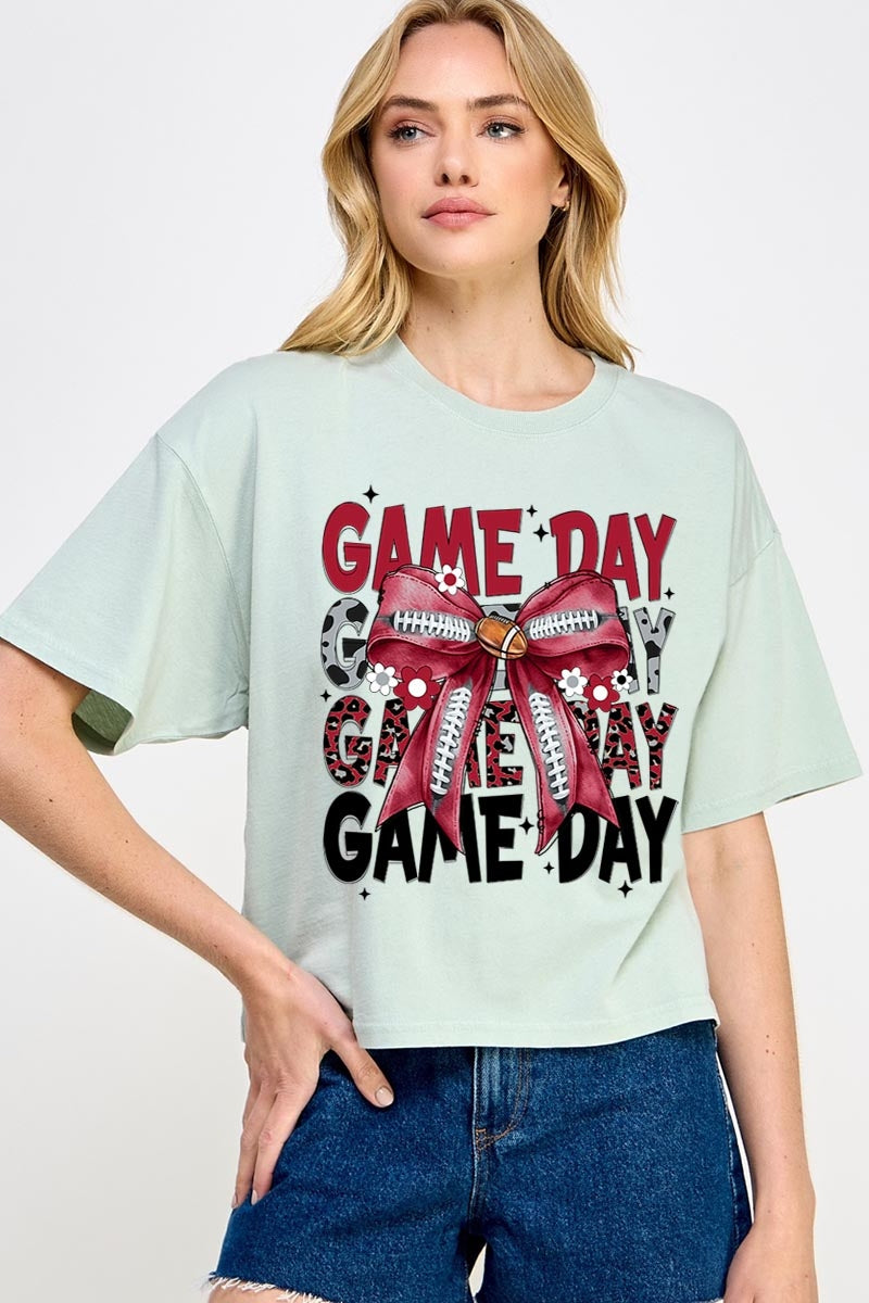 CTS-E3093 Red Silver Football Game Day Bow Relaxed Crop Top $11