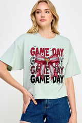 CTS-E3093 Red Silver Football Game Day Bow Relaxed Crop Top $11